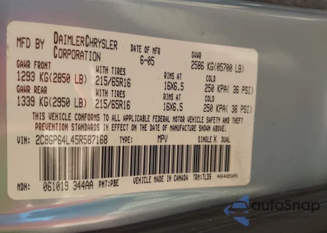 2005 Chrysler Town & Country Limited z USA, uszkodzony, nr VIN 2C8GP64L45R587168